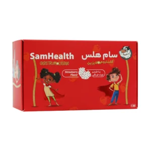 ساشه ۳۰ عددی سام هلس با طعم توت‌فرنگی 🍓؛ تقویت رشد کودکان با کلستروم و لایزین، مناسب برای تغذیه مفید و طبیعی.در داروخانه دکتر صوفیانی درشهریار.